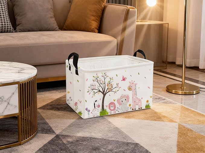 Essme Rectangular Animal Baskets,Pink Storage Basket with Handles for Girls Room Decor,Cute Storage Bin(Pink animal)