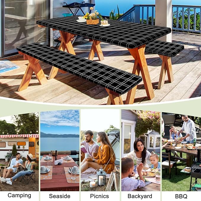 Picnic Table Cover with Bench Covers Portable Table Cloth Built-in Storage Pocket Fitted Tablecloth with Elastic Edges Waterproof Camping Essentials for Indoor Outdoor Rv,96in,Black