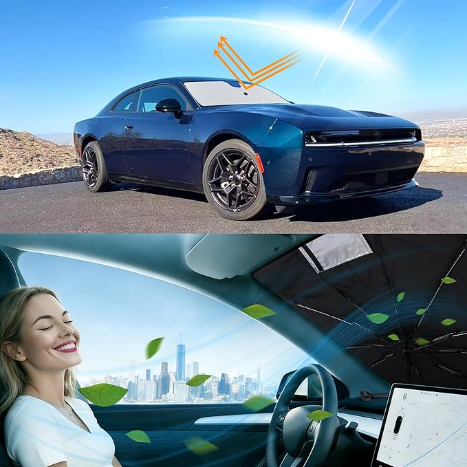 Windshield Sun Shade Umbrella Accessories Compatible with 2011 2012 2013-2023 Charger for Dodge Foldable Sunshade Sun Visor Blocks UV
