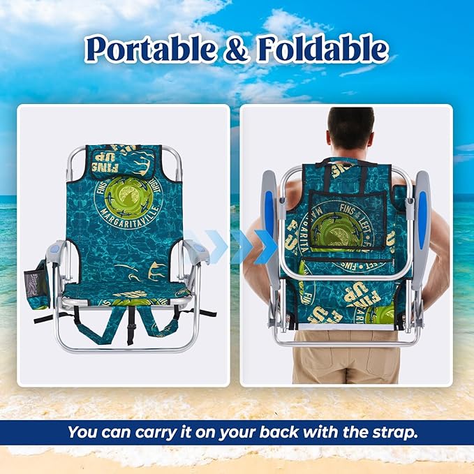 Portable Beach Chair for Adults, Outdoor Camping Chair Lay Flat Folding Backpack Beach Reclining Chair with 5 Positions, Headrest, Zipper Pouch, Cup Holder, Water Ripple