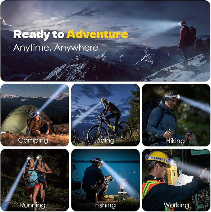 MIOISY Rechargeable Headlamp, High Lumen Bright 5 LED Head Lamp with Red White Light,IPX4 Waterproof Headlight,8 Mode Head Flashlight for Outdoor Running Hunting Fishing Hiking Camping Gear-Blue