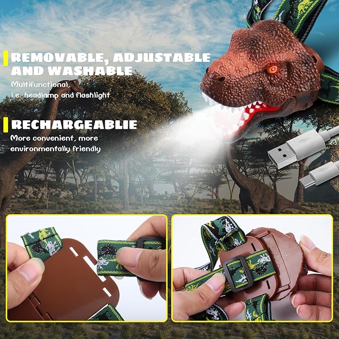 Dysaim Kids Headlamp, Dinosaur LED Rechargeable Headlamp for Kids Flashlight Outdoor Camping Essentials Gear, Dinosaur Toys Headlight for Boys Girls/Adults, Ideal Gift Toys for Birthday Rave Party