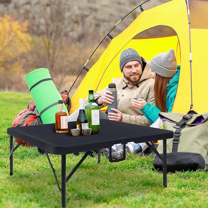 Byliable 34" Square Folding Card Table, Fold-in-Half Utility Dining Portable Table Heavy Duty HDPE Plastic Foldable with Carrying Handle Indoor Outdoor for Picnic, Camping, Party, Black