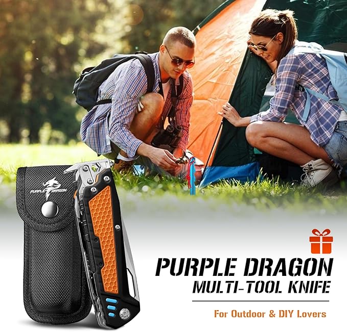 Purple Dragon Multitool,13-in-1 Pocket Knife with Sheath,Perfect for Camping, Hiking & Outdoor Use, Gift for Men Dad Husband– Orange