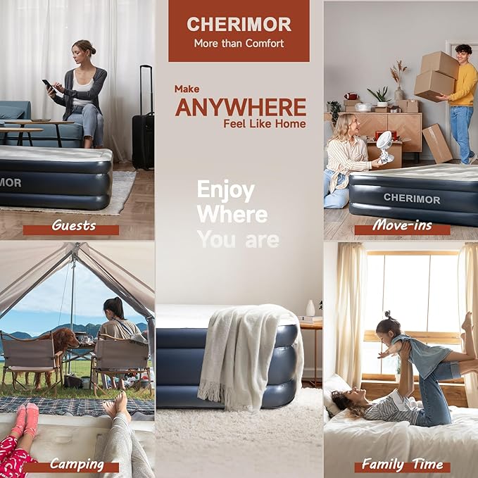CHERIMOR California King Size Air Mattress with Built in Pump, 18" Luxury Thick Inflatable Blow up Mattress for Guests & Home, Fast Self-Inflating Air Bed with Carry Bag for Camping