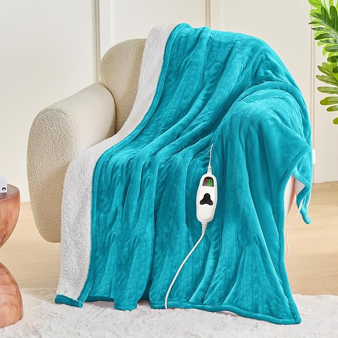 greenoak Heated Blanket Electric Full 72"X84", Heating Blanket with 10 Heat Levels 1/2/4/6/8 Hours Auto-Off, Soft Flannel Sherpa Warm Heater Christmas Blanket, Aqua Green