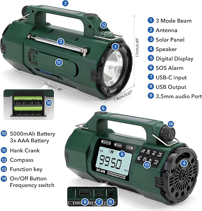 Emergency NOAA Weather Alert Radio FM/AM/SW, Hand Crank Radio Solar Powered with Battery Drawer, USB-C, Flashlight, SOS Alarm, Sleep Timer Clock Alarm for Home/Outdoor Emergencies