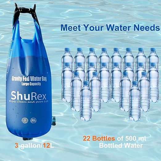 Gravity Fed Water Filtration System with Adjustable Tree Strap, Large Gravity Bag with Filter Straw, Water Purifier Survival for Travel, Backpacking, and Emergency Preparedness (12L)
