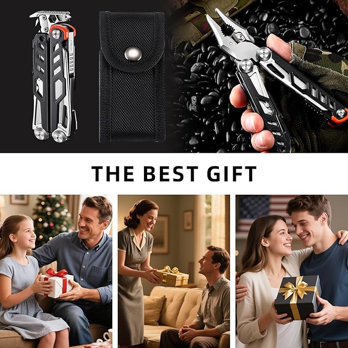 23-in-1 Multitool Pliers with Scissors,Wire Cutters,Window Breaker,Flint,Saw Screwdrivers,Bottle Opener,Carrying Pouch,High-carbon Steel Multi Tool for Camping Survival and Gift (Black And Silver)