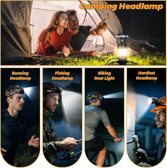 220000 Lux Bright Camping Headlamp Function 17 Modes Motion Sensor Adjustable Focus, More Than 95H Standby IP65 Waterproof, 125ยฐAngle Head Lamp for Fishing Hiking Bike Hardhat