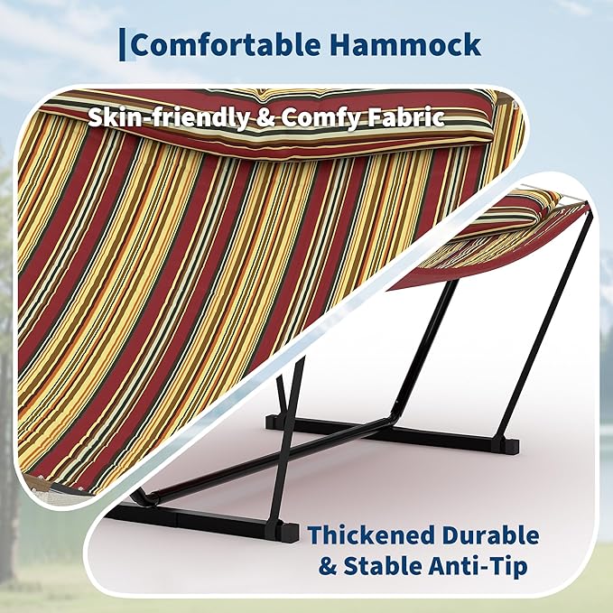 Garvee 2 Person Outdoor Hammock with Stand, Heavy Duty Portable Double Hammock with Balance Rope, MAX 450 LBS Capacity for Patio, Backyard, Garden, Beach