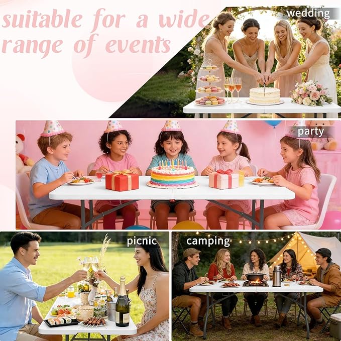 Fivenl 5 Feet Portable Folding Table White, Steel Legs Fold-in-Half with Carrying Handle Rectangular Plastic Foldable Table for Party, Wedding, Camping, Picnic, Dining, Indoor Outdoor Events