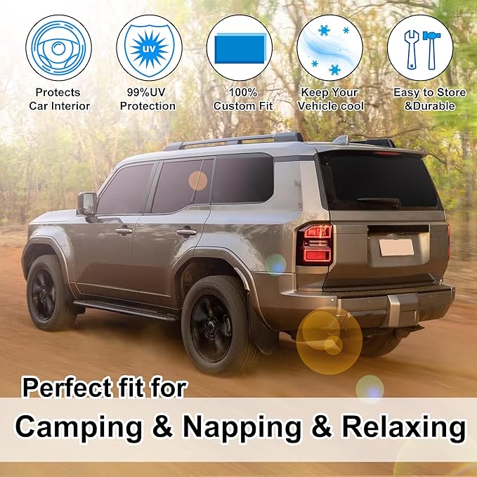 8PCS Windshield Sun Shade Custom Fit for 2024 2025 2026 Toyota Land Cruiser Prado 250 Accessories Foldable Sunshade Side Rear Window Shade Cover Full Set Privacy Protection Keeps Car Cool