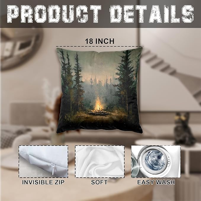 Vintage Forest Campfire Pillow Covers 18x18, Moody Pine Tree Camping Decor, Rustic Woodland Campsite Decorative Throw Pillow Covers for Home Bedroom Living Room Sofa Couch,Camper Lover Gifts