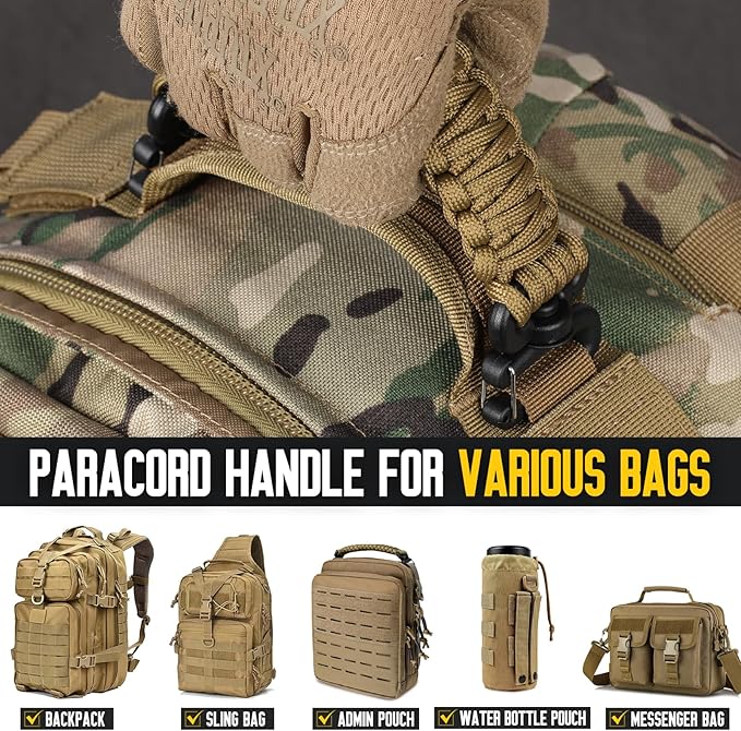 Tactical Paracord Handle,9-core Weaving Paracord Strap for Bag Strap Replacement,Molle Attachment with Metal/Plastic Clips for Backpack Sling Bags Water Bottle Holder