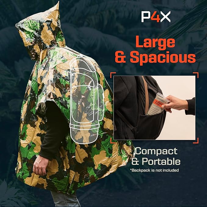 PREPARED4X Emergency Mylar Poncho – Survival Rain Poncho with Hood – Lightweight, Compact, Reusable Emergency Blanket Poncho for Hiking, Camping, Thermal Gear, Car Kit, Outdoors