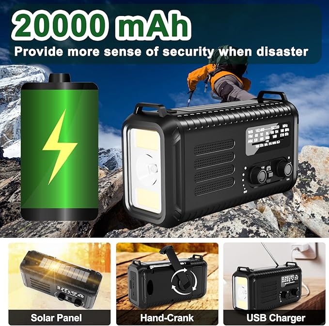 Hand Crank Emergency Radio, NOAA/AM/FM Weather, Solar Powered, 5000MAH Rechargeable Battery with USB Charging (Black)