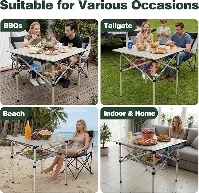 SUNNYFEEL Aluminum Folding Table for Camping, Lightweight Roll Up Top, Portable Camp Tables with Carry Bag for Outdoor Picnic (Square, Gray)