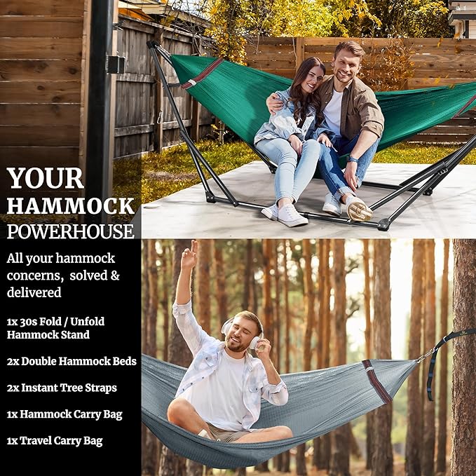 Tranquillo Combo x2 Hammocks with Stand for Outside & Tree Straps, Heavy Duty Hammock with Stand 600lbs for Indoor Outdoor Patio Backyard, x2 Hammocks for 2 Person (Combo - Peacock, Medium)