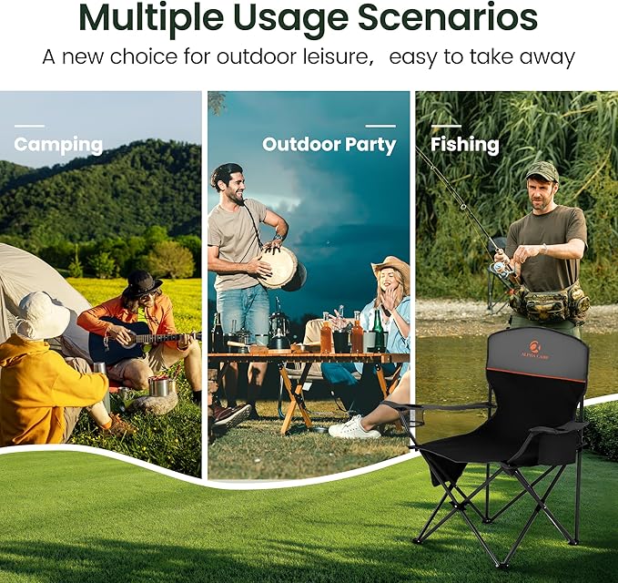 HIGH POINT SPORTS 2 Pack Portable Camping Chair for Adults, Folding Outdoor Camp Chair Lightweight Lawn Chairs Folding Collapsible Chair for Camping, Tailgates, Beach, Black, Support 350 lbs