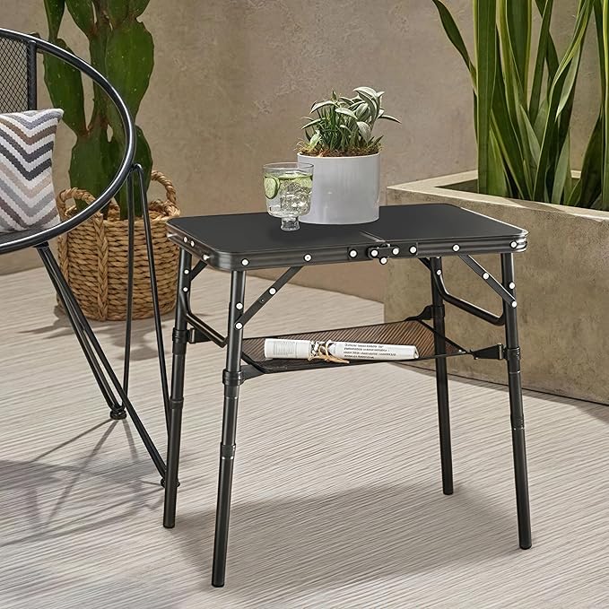 Yriuat Outdoor Side Table, Portable 3 Adjustable Height Small Outdoor Folding Table, Aluminum Foldable Patio Side Tables for Outside Indoor, Plant Stand Coffee End Table for Pool, Porch,Garden(Black)