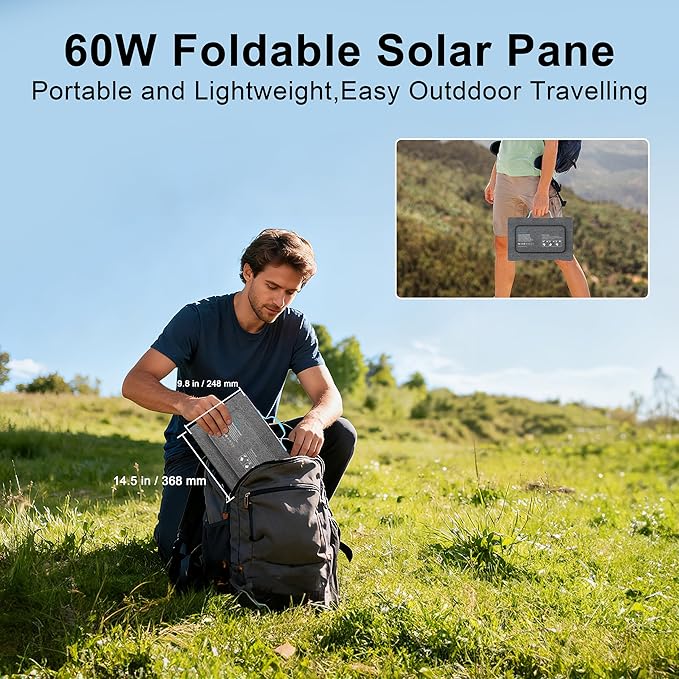 60W Portable Solar Panels Chargers with USB-C, USB-A and DC Outputs Foldable IP67 Waterproof Solar Panel for Camping,Power Emergency for Small Power Station,Phones, Power Banks