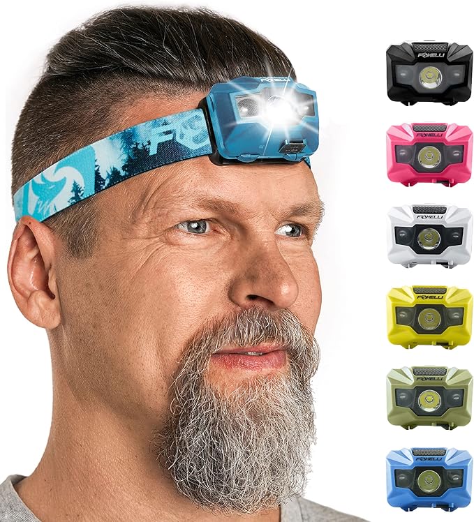 Foxelli USB‑C Rechargeable LED Headlamp – Ultra‑Light 2.4 oz & Bright 180 Lumens – Red/White Light, 5 Modes, IPX5 Waterproof, 40 h Runtime for Trail Running, Camping, Hiking