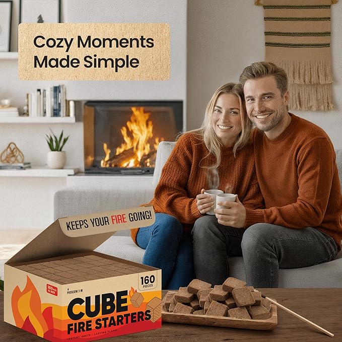 Moscow-Mix Fire Starter Cubes (160 PCS) Bulk Fire Starters for Grill, Campfires, Fireplace, Charcoal Starter, BBQ, Wood Stove, Fire Pits - Lighter Cubes - Odorless, Waterproof, Fire Starter Squares