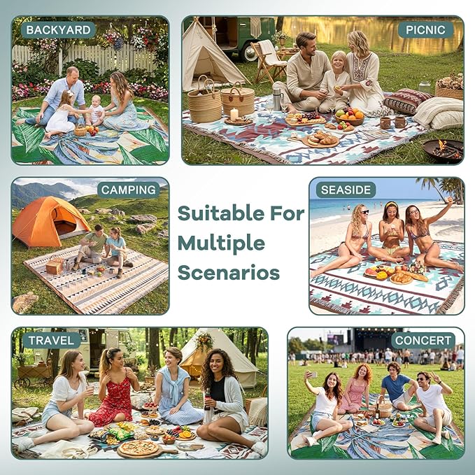 2 in 1 Extra Large Outdoor Picnic Blanket Camping Mat Lightweight Oversized Giant Turkish Boho Beach Mexican Serape Baja Cobijas Mexicanas para Mesa Park Stadium Outside Festival Grass Hammock