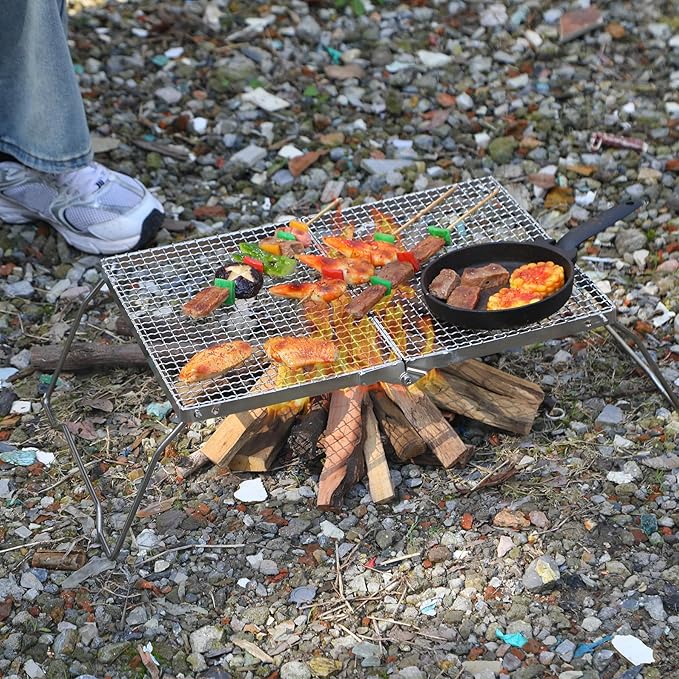 REDCAMP 17" Large Folding Campfire Grill with Mesh, 304 Stainless Steel Grate, Heavy Duty Portable Camping Grill with Carrying Bag for Outdoor Cooking BBQ