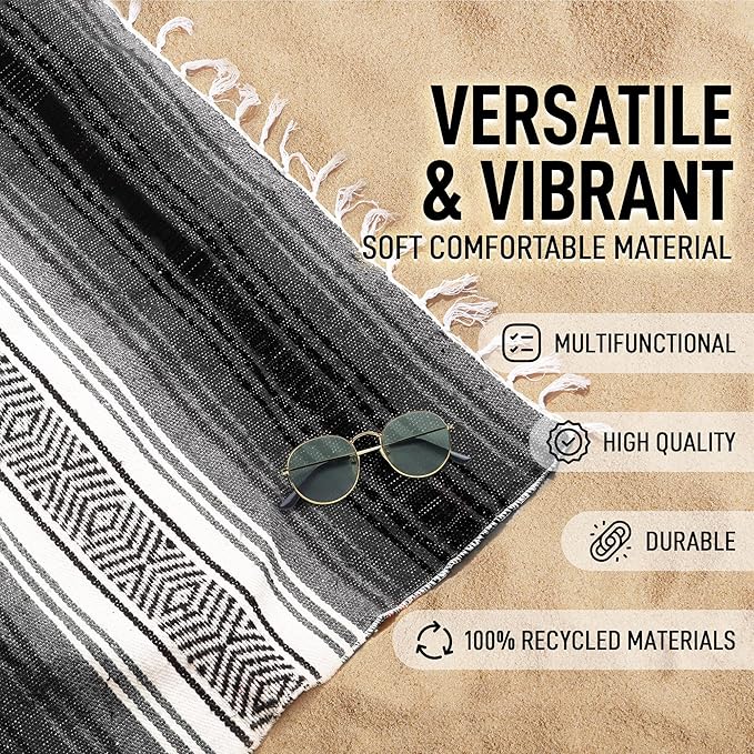 Authentic Extra Large Mexican Blanket - 70"x50" Handwoven Yoga, Serape, Artisanal Falsa, Beach, Camping, Picnic, Outdoor Blanket (Oxford)