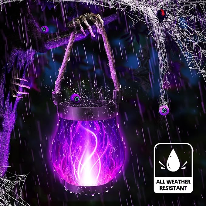 iBaycon 2 Pack Solar Lanterns Lights, Halloween Flickering Flame Garden Lights with 2 Modes Dual Charging USB & Solar, Outdoor Waterproof Hanging Lantern for Party Holiday Halloween Decor (Purple)
