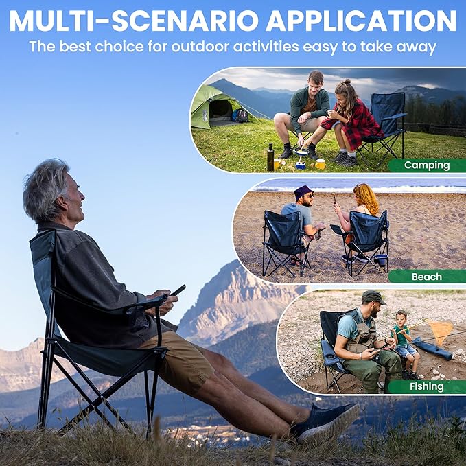 4 Pack Folding Camping Chairs for Adults, Foldable Portable Beach Chairs with Carry Bag & Cup Holder, Compact Design for Camping, Beach, Picnics, and Fishing Supports 300LBS(Navy)