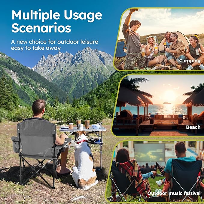 ALPHA CAMP Camping Chairs 350LBS Capacity, Heavy Duty Folding Chair with 4-Can Cooler Bag, Portable Outdoor Chair with Cup Holder for Adults, Collapsible for Tailgating, Beach, Fishing,Black,2PC