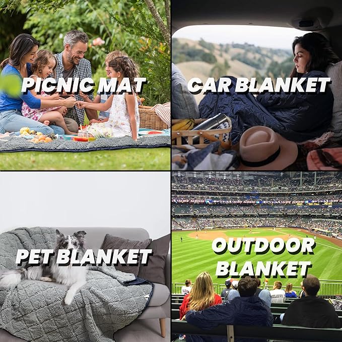 Waterproof Outdoor Blanket 62”X 51” Packable, Stadium Blankets for Camping with Sherpa Fleece Lining, Large Windproof Emergency Throw for Garss Picnic Hiking Road Trip, Machine Washable, Black 300GSM