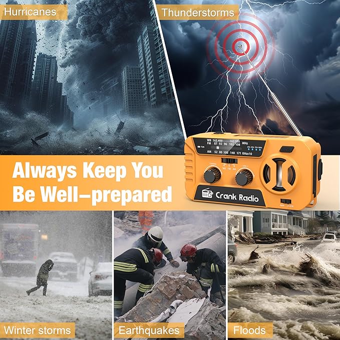 Emergency Weather Radio for Winter Storm, NOAA Weather Radio Hand Crank Emergency Radio with 7400mWh Power Bank, USB/Solar/Hand Crank, Battery Operated,Flashlight&SOS Alarm,for Emergency Survival Gear