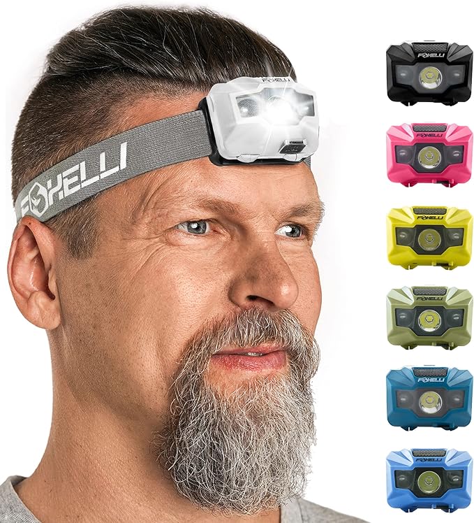 Foxelli USB‑C Rechargeable LED Headlamp – Ultra‑Light 2.4 oz & Bright 180 Lumens – Red/White Light, 5 Modes, IPX5 Waterproof, 40 h Runtime for Trail Running, Camping, Hiking