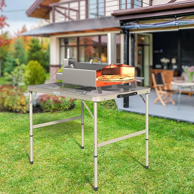 VINGLI Outdoor Grill Table, Folding Camping Table, 3 ft Portable Picnic Table Adjustable Height, Lightweight Aluminum Tables for Outside, Beach, Patio, Party, Gun