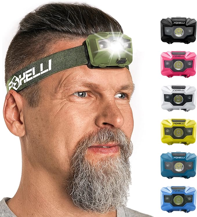 Foxelli USB‑C Rechargeable LED Headlamp – Ultra‑Light 2.4 oz & Bright 180 Lumens – Red/White Light, 5 Modes, IPX5 Waterproof, 40 h Runtime for Trail Running, Camping, Hiking