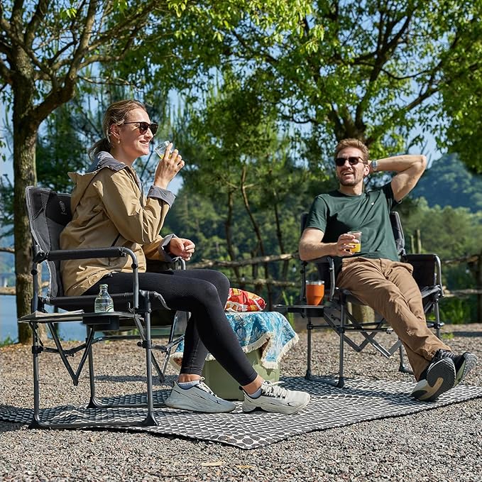 EVER ADVANCED Camping Directors' Chair with Side Table, Portable Folding Chair with Compact Size, Heavy Duty Lawn with Pocket for Camping, Lawn, Sports and Fishing, 400lbs, Grey