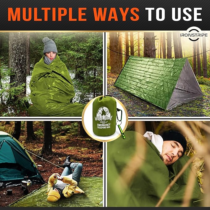 Ironstripe Bivy Sack XL Waterproof Survival Sleeping Bag with Emergency Whistle, Built-in Hood & Thermal Mylar - Tear & Puncture-Resistant