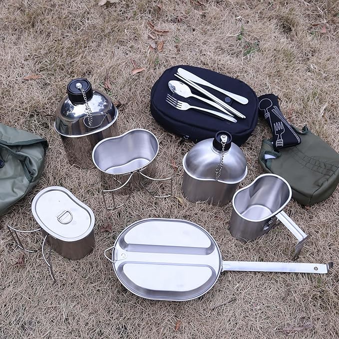 Goetland Stainless Steel WWII US Army Canteen Water Bottle Military Canteen Kit 1.3QT with 0.6QT Cup Nylon Pouch G.I.