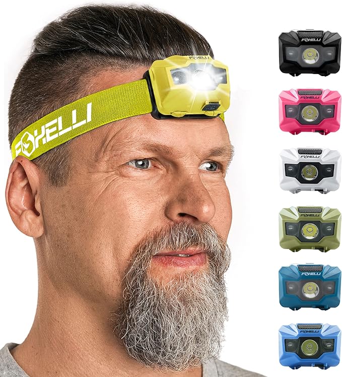 Foxelli USB‑C Rechargeable LED Headlamp – Ultra‑Light 2.4 oz & Bright 180 Lumens – Red/White Light, 5 Modes, IPX5 Waterproof, 40 h Runtime for Trail Running, Camping, Hiking