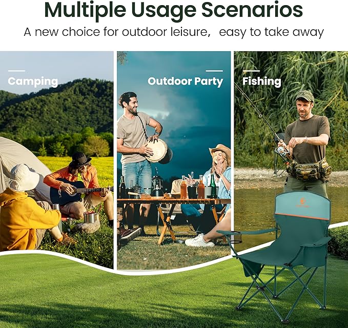 HIGH POINT SPORTS 2 Pack Portable Camping Chair for Adults, Folding Outdoor Camp Chair Lightweight Lawn Chairs Folding Collapsible Chair for Camping, Tailgates, Beach, Green, Support 350lbs