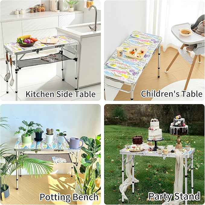 Yriuat Folding Camping Table 3ft Portable Pinic Table Adjustable Height Small Card Table Aluminum Foldable Lightweight with Carry Handle for Outdoor Indoor Hiking Camp BBQ Beach (Blooming Floral)