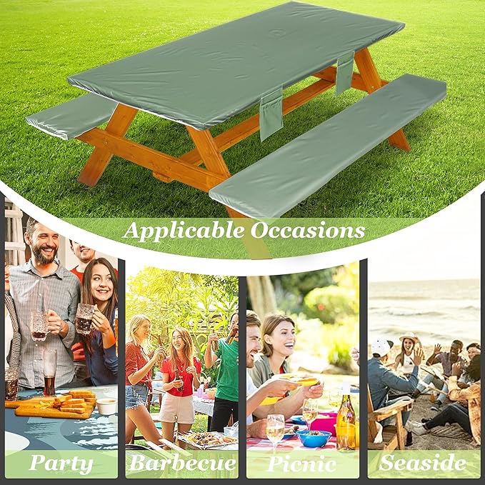 Picnic Table Cover with Bench Covers Vinyl Elastic Edges Fitted Rectangle Seat Tables Waterproof 3-Piece72X30in Set Outdoor Rectangular Folding Backing Tablecloth for Camping Over Size