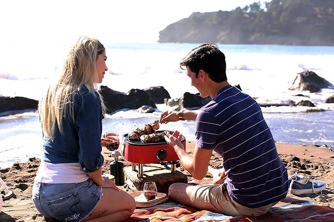 Cuisinart Venture™ Portable Gas Grill, Small Camping Grill with Cutting Board and Handle, Non Stick Porcelain Enameled Cast Iron Grate, 9,000 BTU Stainless Steel Burner for Camping, Tailgates, Beaches