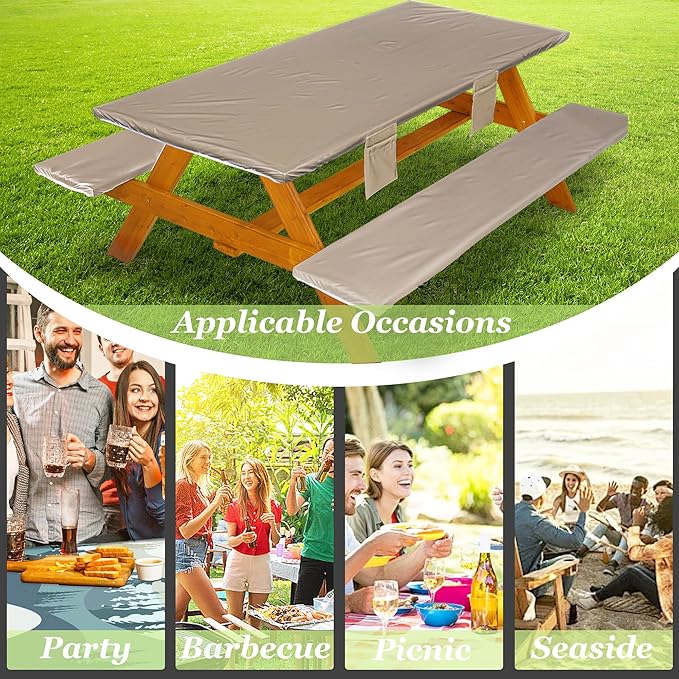 Picnic Table Cover with Bench Covers Vinyl Elastic Edges Fitted Rectangle Seat Tables Waterproof 3-Piece72X30in Set Outdoor Rectangular Folding Backing Tablecloth for Camping Over Size