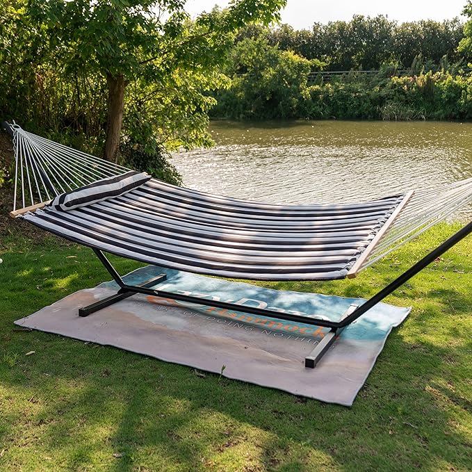Lazy Daze Hammocks 2 Person Double Quilted Fabric Hammock with Spreader Bar, Detachable Pillow, Side Pocket, Carabiners, Chains, Straps for Outdoor, 450lbs Capacity, Black White Stripes