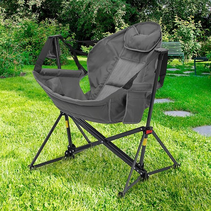 Ainfox Hammock Camping Chair, Foldable Portable Rocking Chairs for Adults Outside Swinging Camp with Cup Holder Pillow for Outdoor Patio Poolside (Grey)